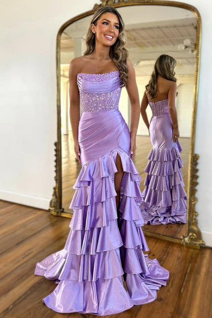 Chic Mermaid Prom Dress in Light Blue with Strapless Satin Bodice and Ruffled Skirt