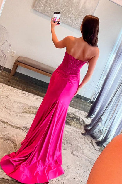 Chic Mermaid Scoop Neck Fuchsia Satin Slit Prom Dress with Appliques
