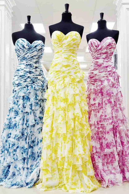 Chic Mermaid Sweetheart Pink Floral Printed Long Prom Dress with Ruffles