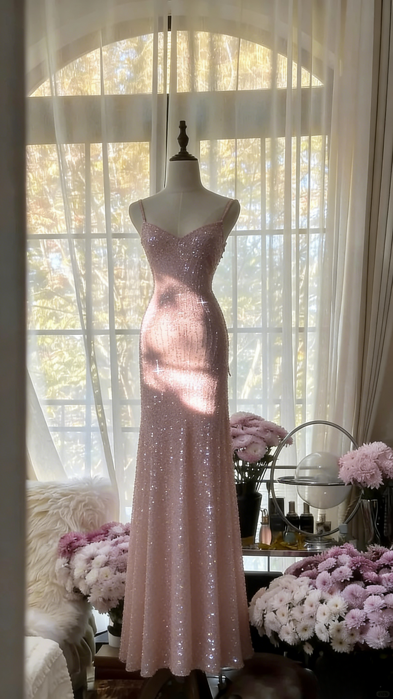 Chic Pink Long Prom Dresses Spaghetti Straps Sheath Evening Dresses Sequins Tulle Sleeveless Party Dresses