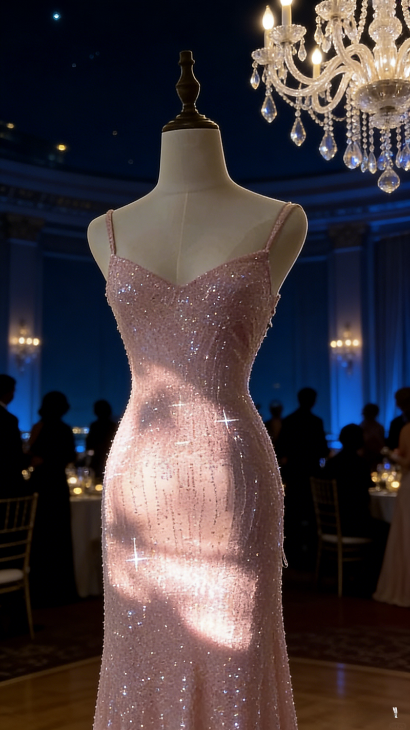 Chic Pink Long Prom Dresses Spaghetti Straps Sheath Evening Dresses Sequins Tulle Sleeveless Party Dresses