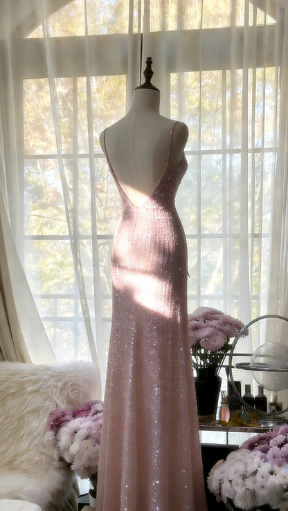 Chic Pink Long Prom Dresses Spaghetti Straps Sheath Evening Dresses Sequins Tulle Sleeveless Party Dresses