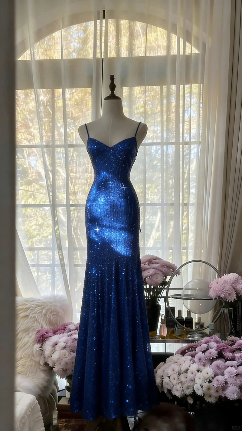 Chic Pink Long Prom Dresses Spaghetti Straps Sheath Evening Dresses Sequins Tulle Sleeveless Party Dresses