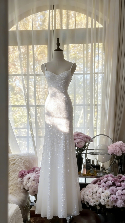 Chic Pink Long Prom Dresses Spaghetti Straps Sheath Evening Dresses Sequins Tulle Sleeveless Party Dresses