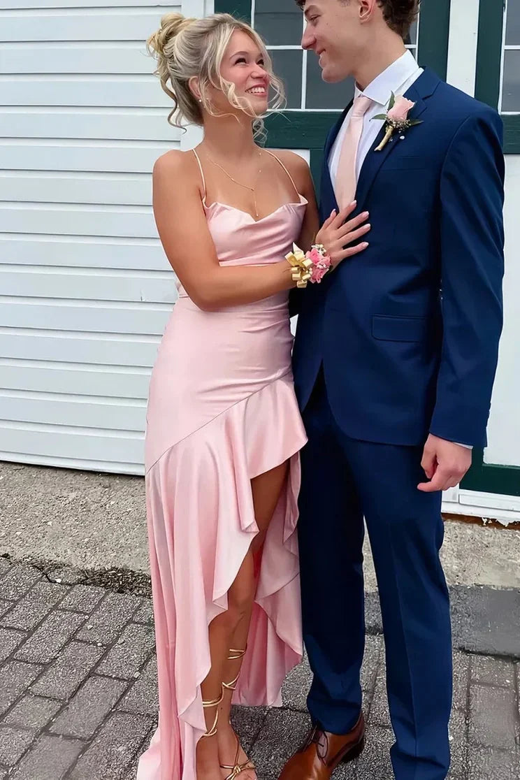 Chic Satin Spaghetti Straps Aqua Blue Long Prom Dress with Ruffles