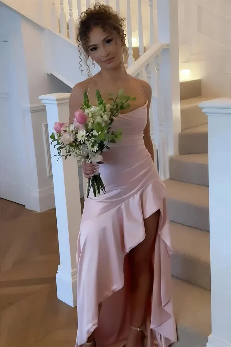 Chic Satin Spaghetti Straps Aqua Blue Long Prom Dress with Ruffles