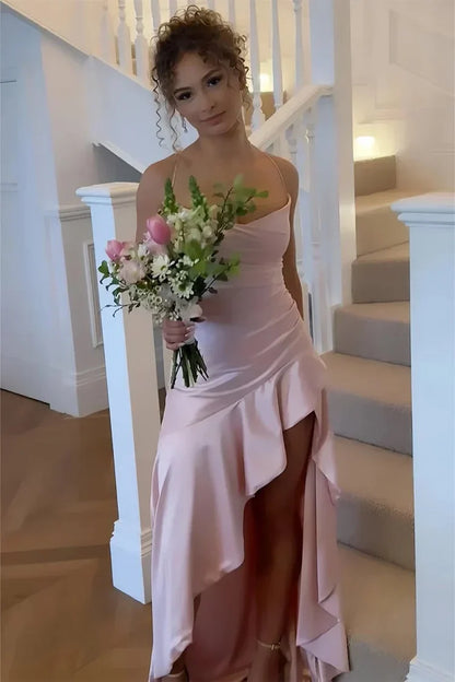 Chic Satin Spaghetti Straps Aqua Blue Long Prom Dress with Ruffles