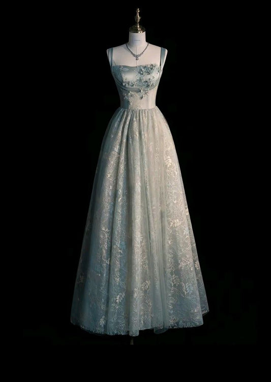 A-line Spaghetti Strap Tulle Lace-up Satin Long Prom Dress