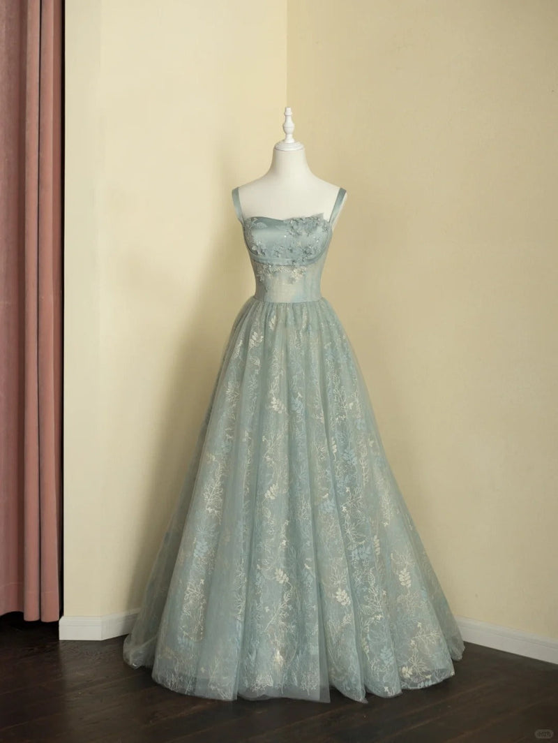 Chic Spaghetti Straps A-line Embroidery Satin Tulle Long Prom Dresses,Sweet 16 Dress With Appliqué