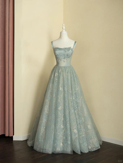 Chic Spaghetti Straps A-line Embroidery Satin Tulle Long Prom Dresses,Sweet 16 Dress With Appliqué