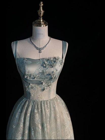 A-line Spaghetti Strap Tulle Lace-up Satin Long Prom Dress