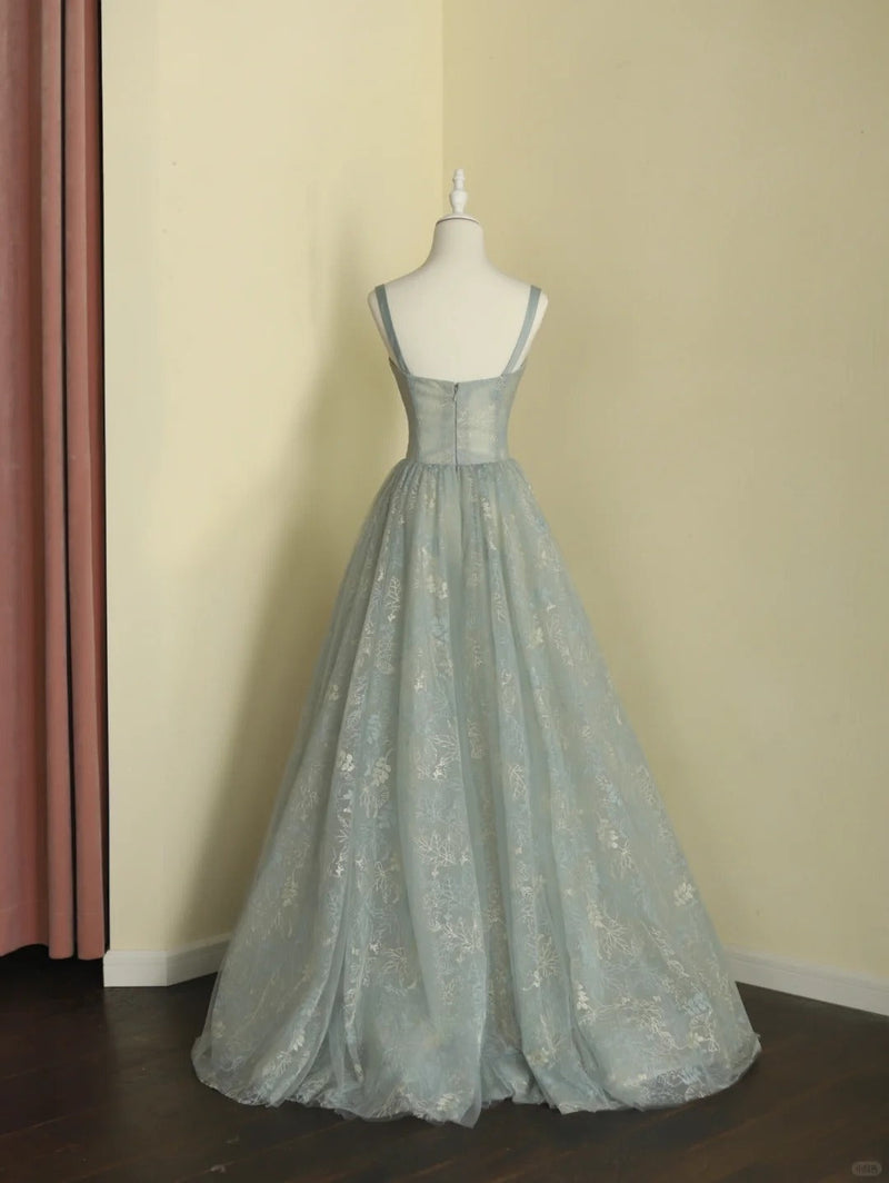 Chic Spaghetti Straps A-line Embroidery Satin Tulle Long Prom Dresses,Sweet 16 Dress With Appliqué