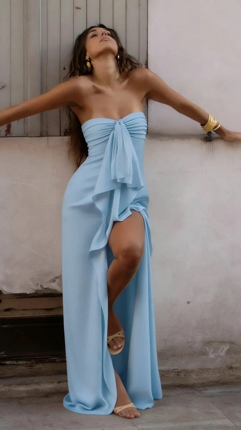 Chic Strapless Ruffle Satin Prom Dresses With Slit,AST2300