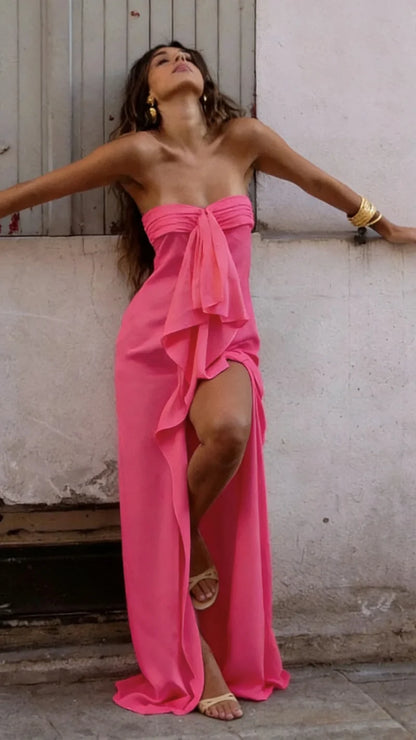 Chic Strapless Ruffle Satin Prom Dresses With Slit,AST2300