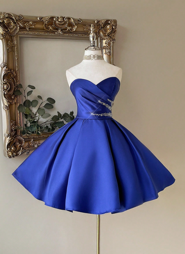 Chic Sweetheart Neck A-Line Birthday Dresses Royal Blue Homecoming Dresses Satin Sleeveless Party Dresses