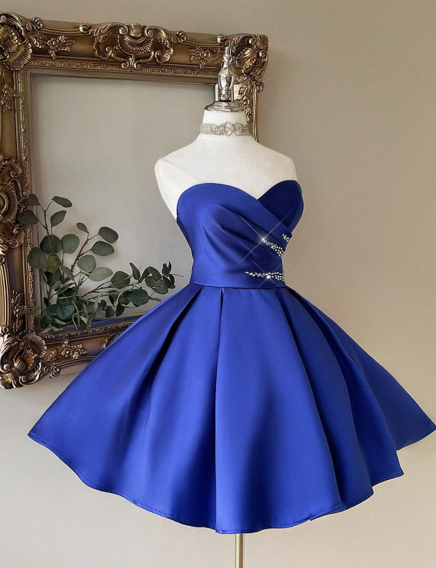 Chic Sweetheart Neck A-Line Birthday Dresses Royal Blue Homecoming Dresses Satin Sleeveless Party Dresses