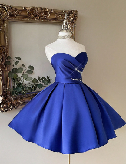Chic Sweetheart Neck A-Line Birthday Dresses Royal Blue Homecoming Dresses Satin Sleeveless Party Dresses