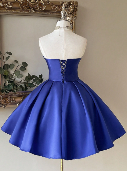 Chic Sweetheart Neck A-Line Birthday Dresses Royal Blue Homecoming Dresses Satin Sleeveless Party Dresses