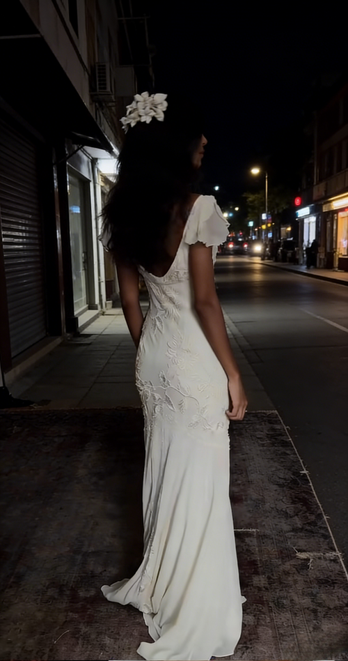 Chic V-neck Sheath Chiffon Wedding Dress Embroidered Appliqu¨¦ White Bridal Dress