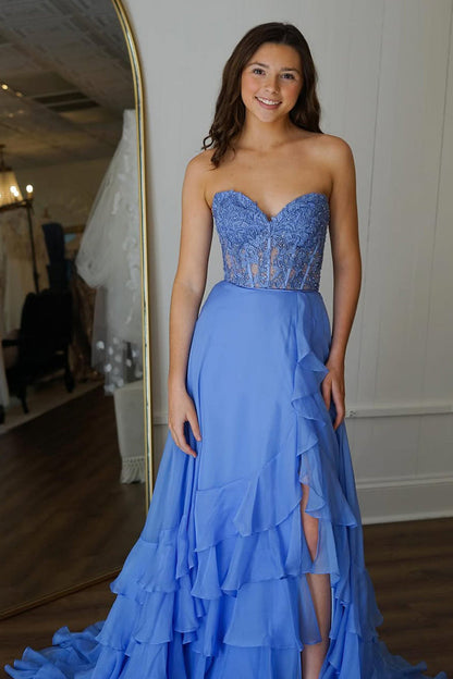 Chic Yellow A-Line Sweetheart Lace Top Long Chiffon Prom Dress With Ruffle Skirt