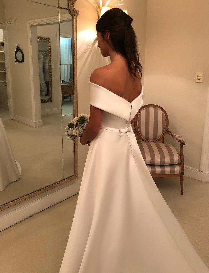 Classic A Line Off the Shoulder White Satin Long Wedding Dress