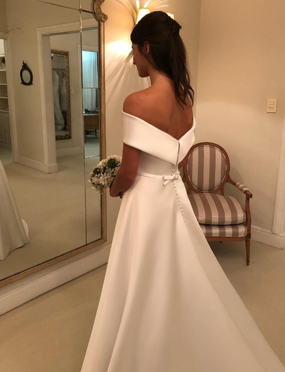 Classic A Line Off the Shoulder White Satin Long Wedding Dress