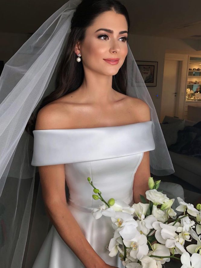 Classic A Line Off the Shoulder White Satin Long Wedding Dress