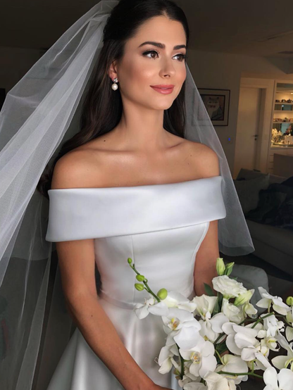 Classic A Line Off the Shoulder White Satin Long Wedding Dress