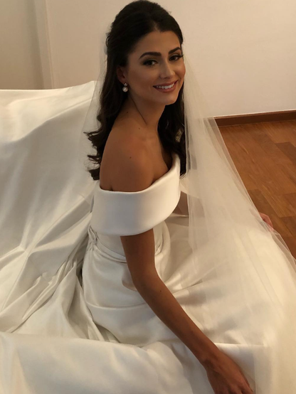 Classic A Line Off the Shoulder White Satin Long Wedding Dress