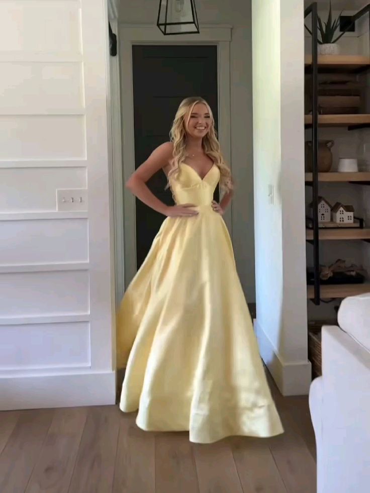 Classic A Line Spaghetti Straps Pastel Yellow Satin Long Prom Dresses Formal Dress