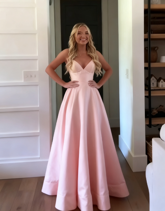 Classic A Line Spaghetti Straps Pastel Yellow Satin Long Prom Dresses Formal Dress