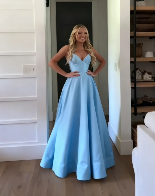 Classic A Line Spaghetti Straps Pastel Yellow Satin Long Prom Dresses Formal Dress