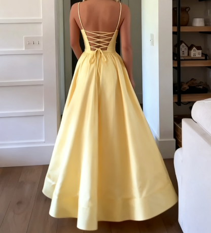 Classic A Line Spaghetti Straps Pastel Yellow Satin Long Prom Dresses Formal Dress