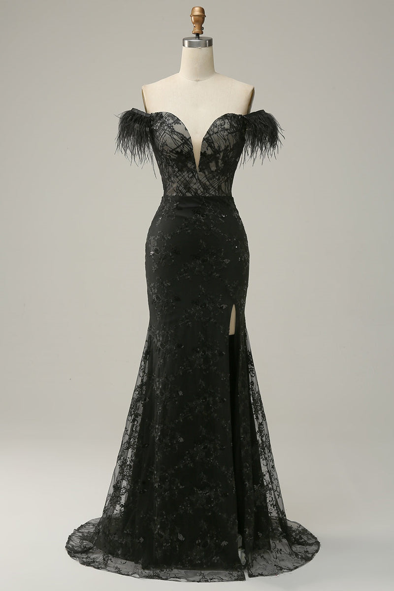 Classic Black Off-the-shoulder Feather Sequins Prom Dress