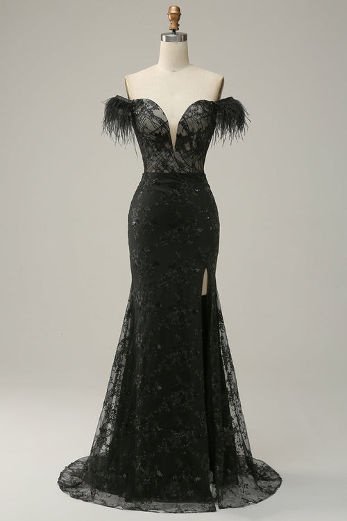 Classic Black Off-the-shoulder Feather Sequins Prom Dress