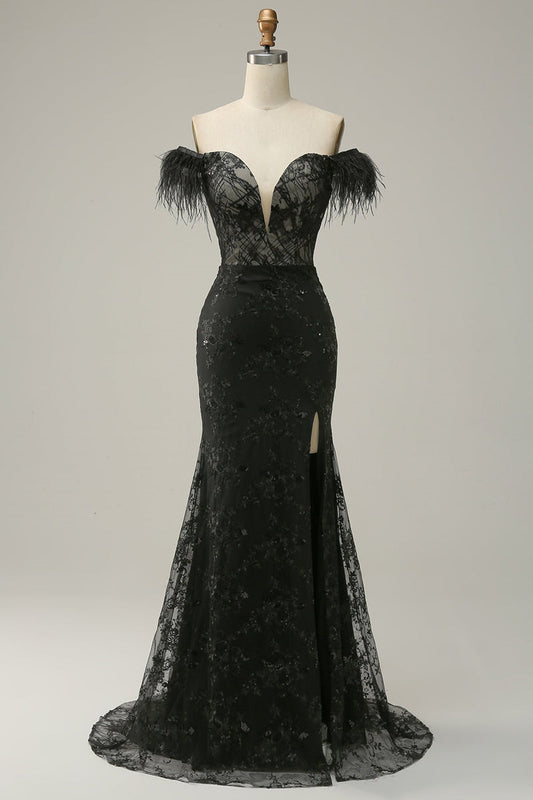 Classic Black Off-the-shoulder Feather Sequins Prom Dress
