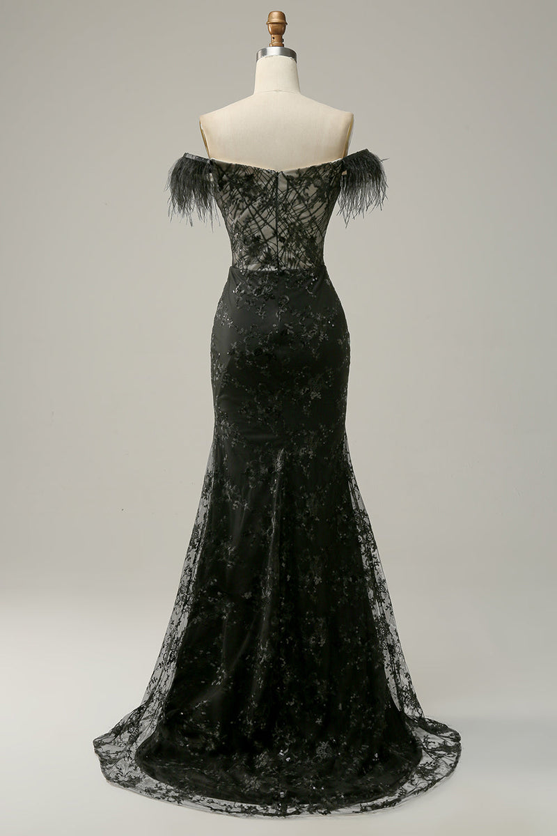 Classic Black Off-the-shoulder Feather Sequins Prom Dress