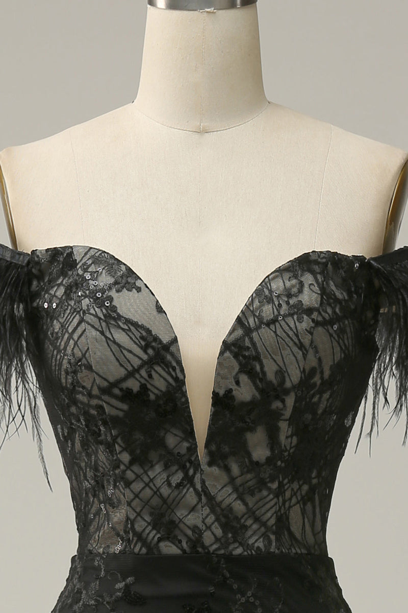 Classic Black Off-the-shoulder Feather Sequins Prom Dress