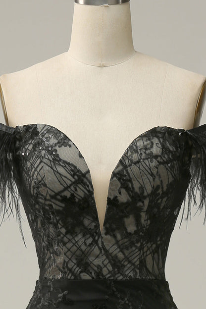 Classic Black Off-the-shoulder Feather Sequins Prom Dress