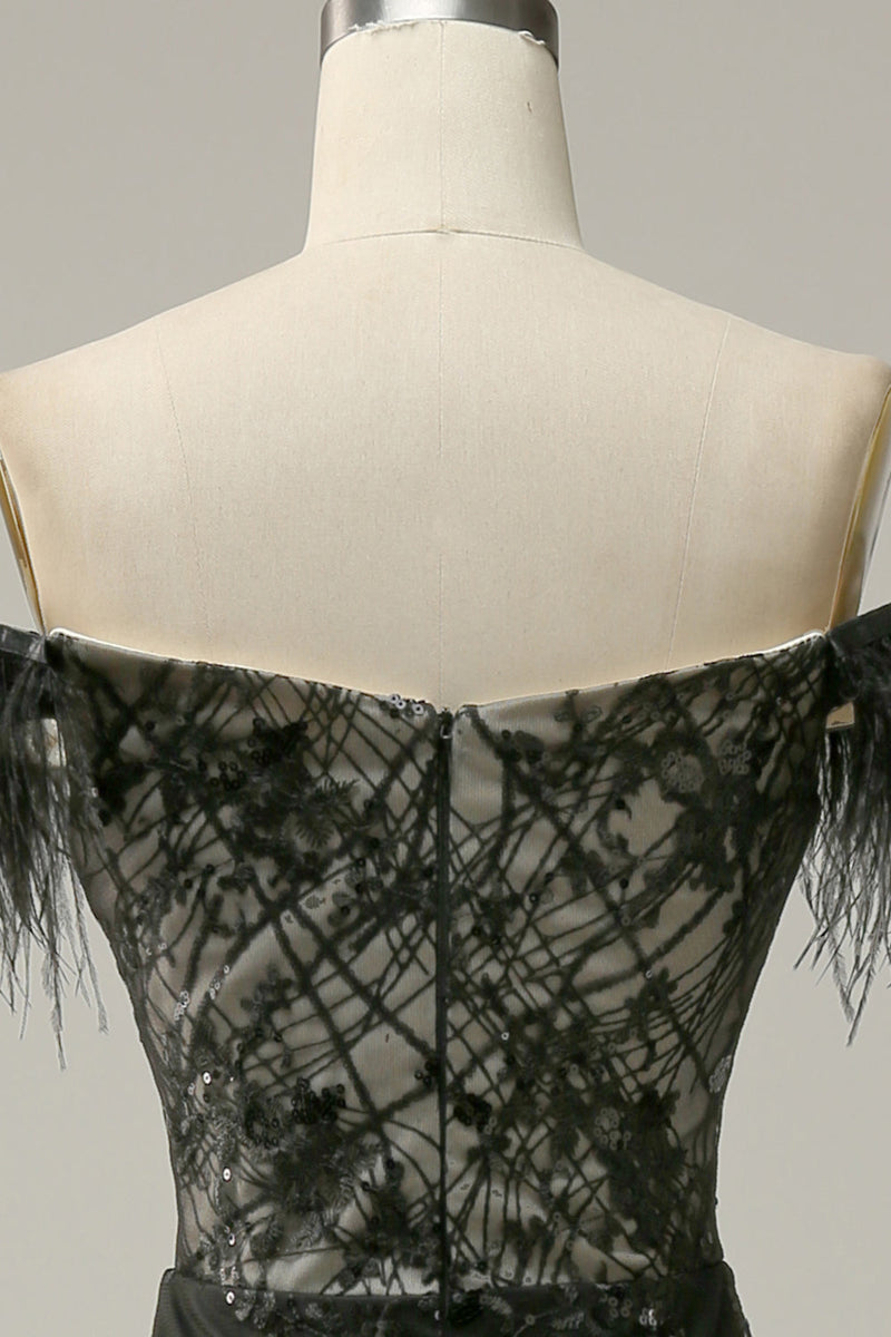 Classic Black Off-the-shoulder Feather Sequins Prom Dress