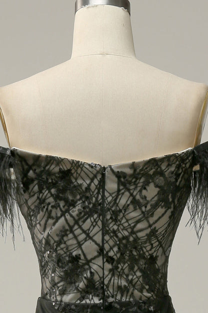 Classic Black Off-the-shoulder Feather Sequins Prom Dress