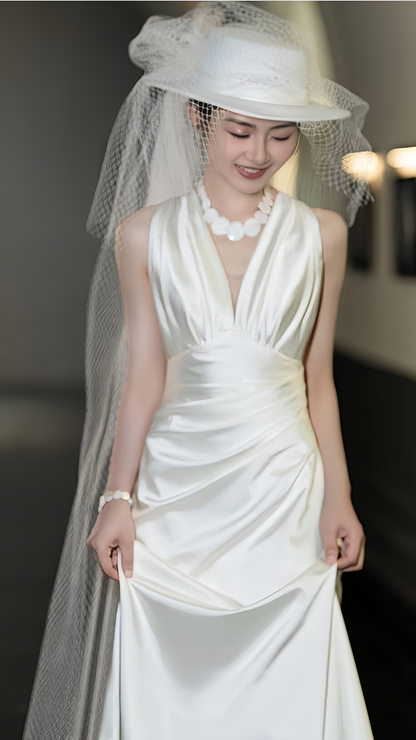 Classic Ivory Satin Wedding Dress, Modern V-neck Wedding Gown, AST1751