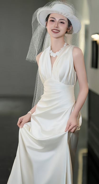Classic Ivory Satin Wedding Dress, Modern V-neck Wedding Gown, AST1751