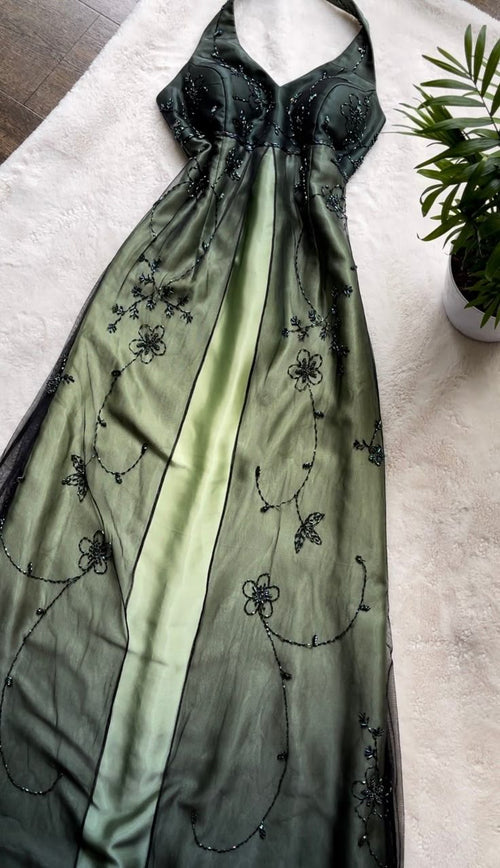 Classy A Line Halter Satin Tulle Beaded Long Prom Dress, Party Dress, Evening Dress