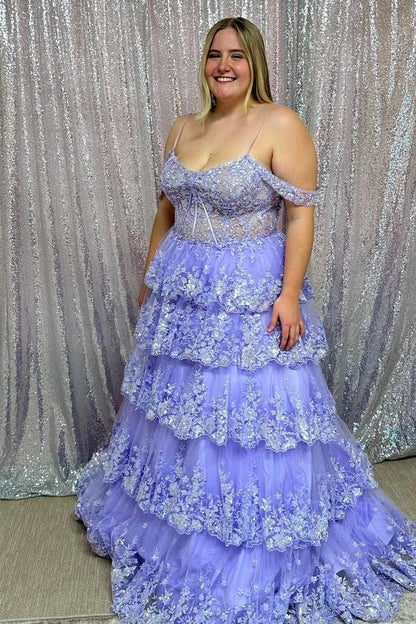 Cold Shoulders Light Blue Sequin Tulle Long Formal Gown