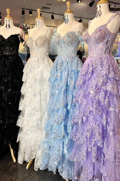 Corset Tulle Appliques Tiered Ruffle Long Prom Dress with slit