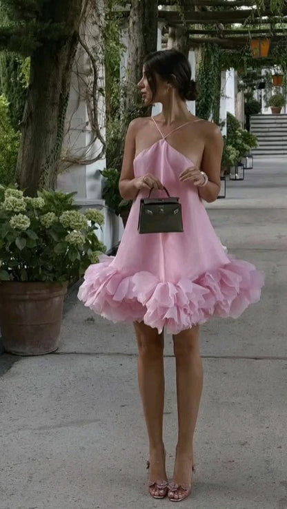 Cute A Line Halter Pink Tulle Backless Short Homecoming Dress Outfits