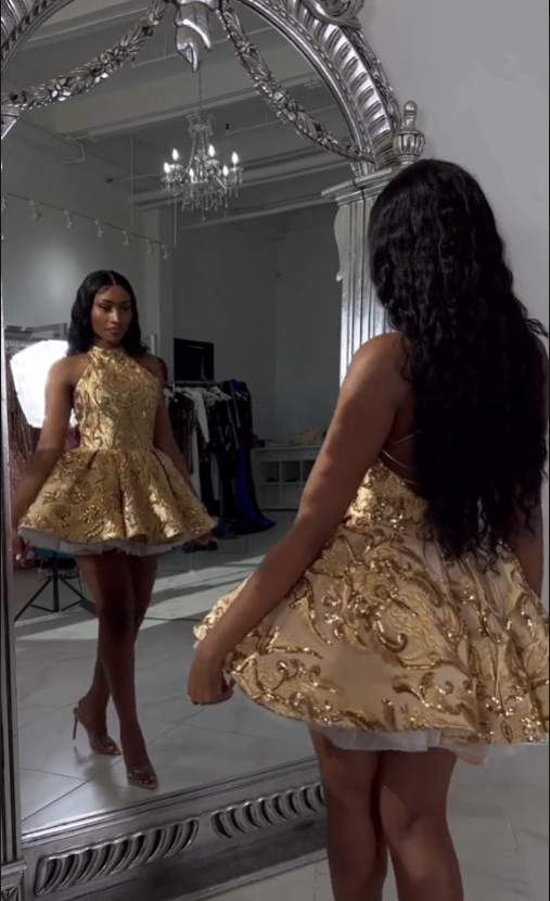Cute A line Halter Sequin Short Gold Homecoming Dress