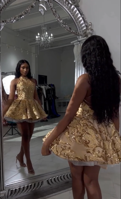 Cute A line Halter Sequin Short Gold Homecoming Dress