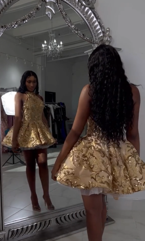 Cute A line Halter Sequin Short Gold Homecoming Dress